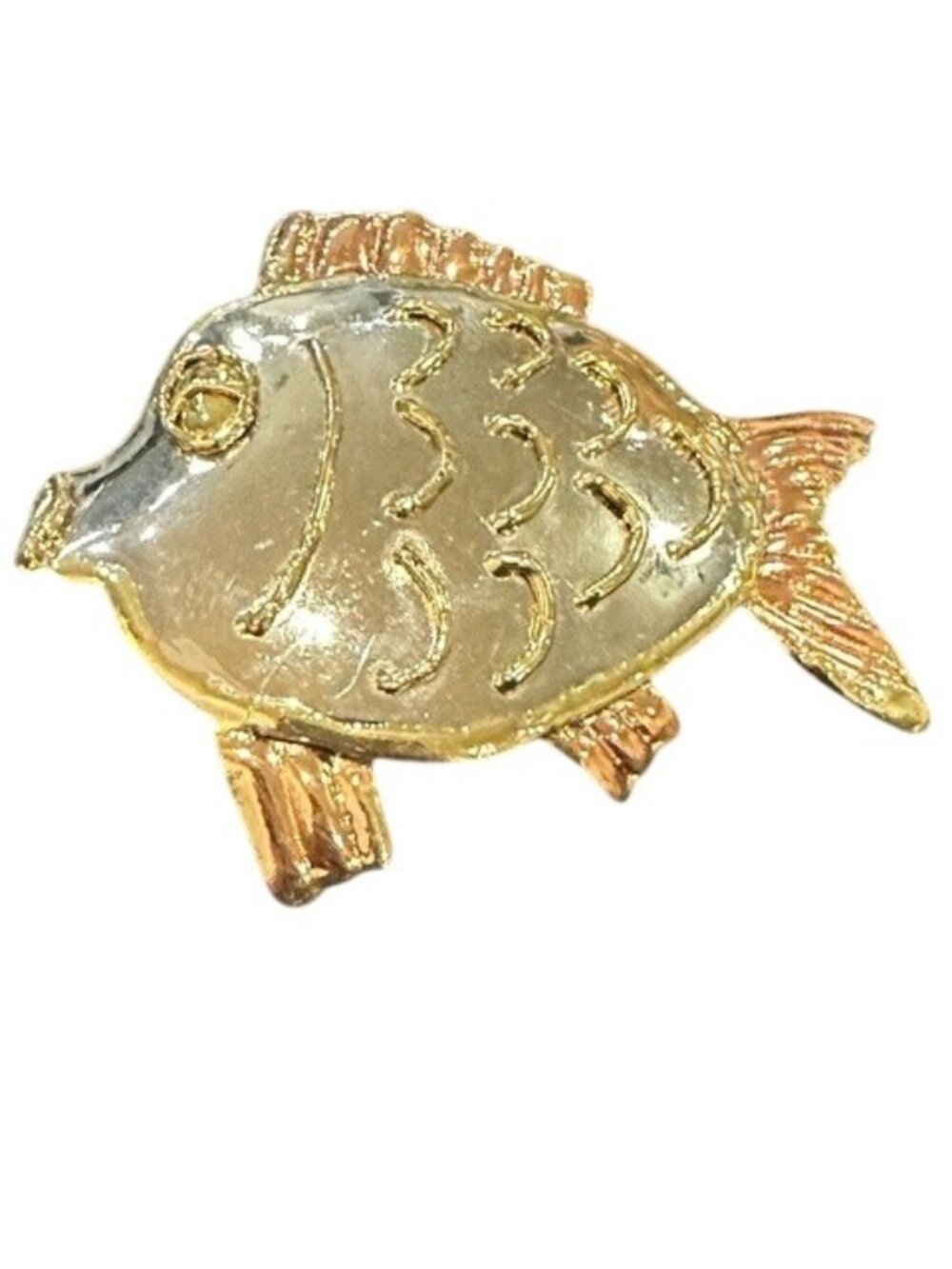 Fish Pendant Brooch Pin Embossed Copper Gold Tone Metal Large Unique Vintage